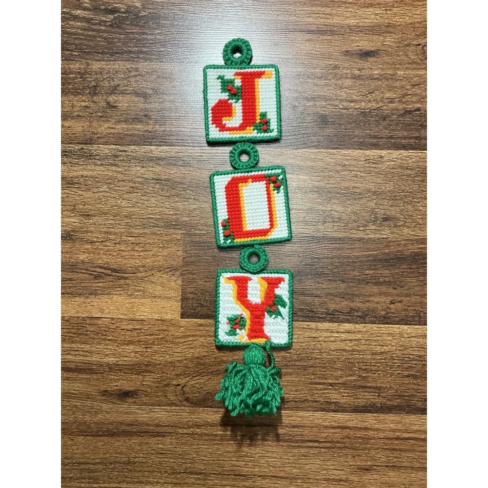 Handmade Needlepoint Yarn Plastic Canvas JOY Christmas Sign Wall Hanging Decor